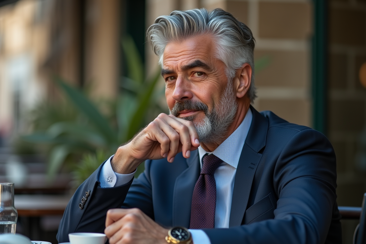 Homme mature en costume ajusté au café en plein air