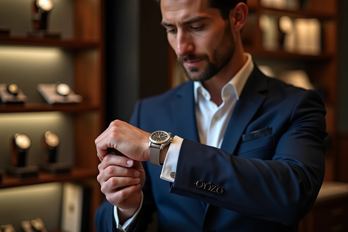 Un homme élégant en costume bleu marine examine attentivement une montre de luxe mécanique dans une boutique horlogère haut de gamme