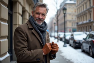 Homme d'âge moyen en hiver portant des gants en cuir brun