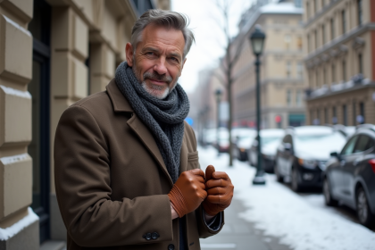 Homme d'&acirc;ge moyen en hiver portant des gants en cuir brun
