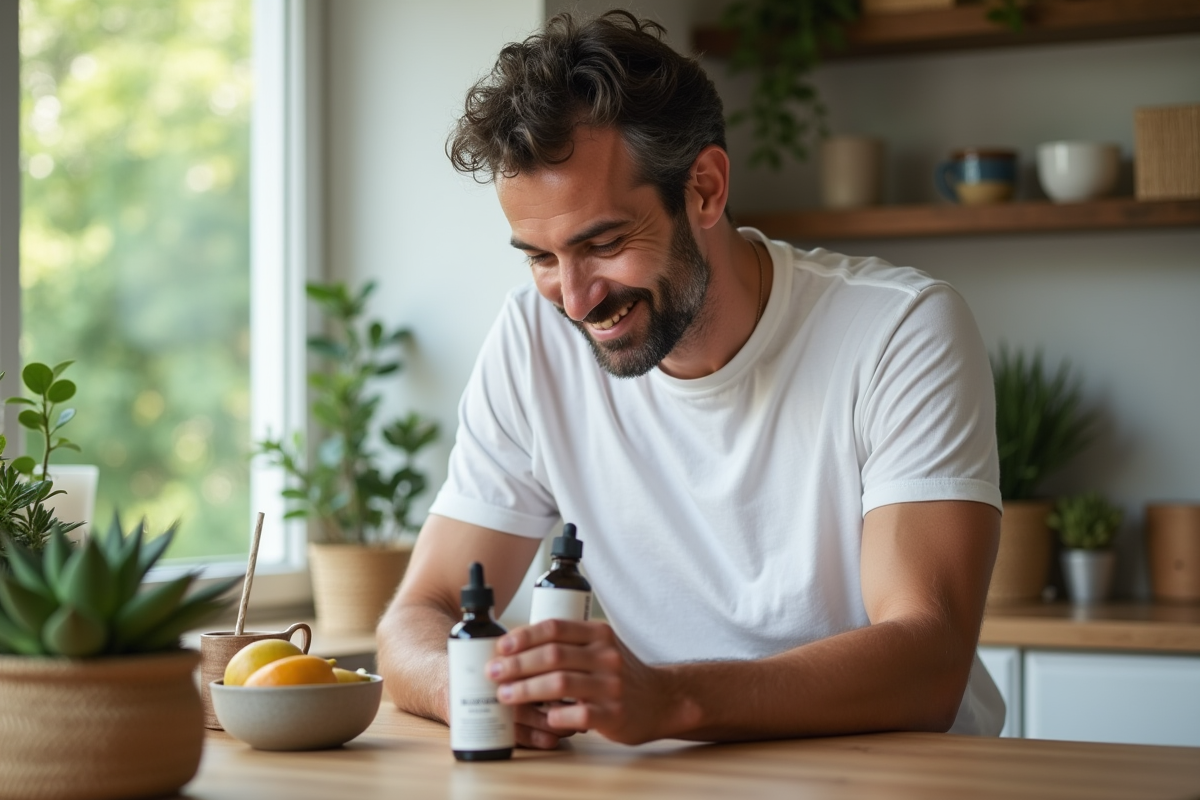 Homme lisant l etiquette d un produit de soin dans la cuisine