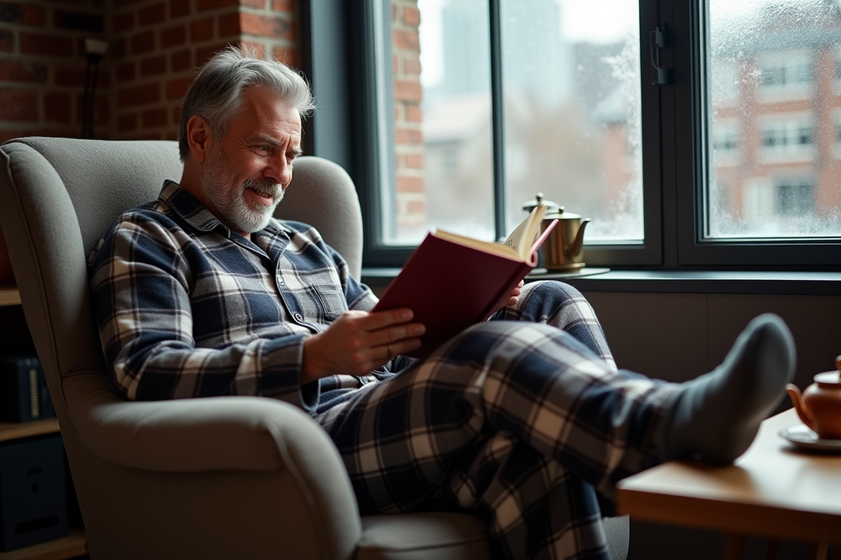 Homme en pyjama flanelle et chaussettes piloupilou lisant près de la fenêtre
