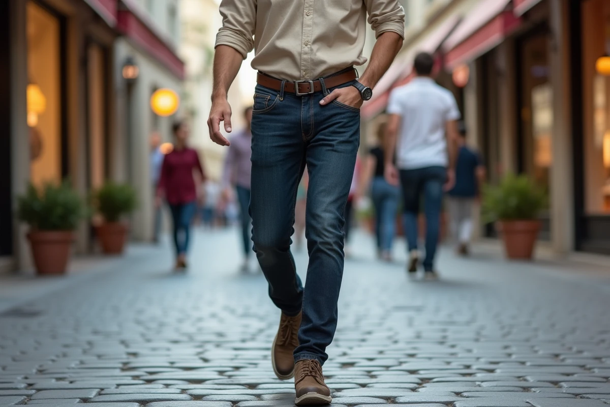 Homme marchant confortablement sur un pavé urbain européen avec des chaussures ergonomiques adaptées à la marche longue distance