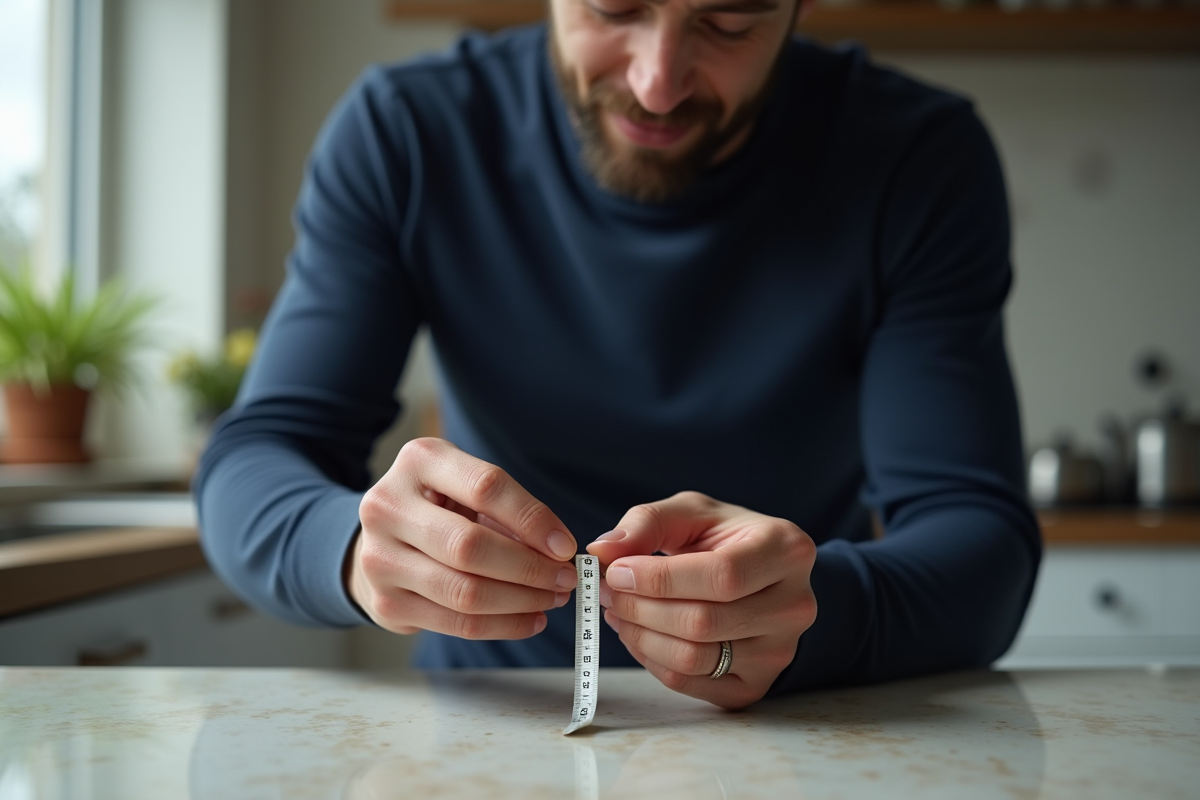 Homme mesurant son doigt avec un ruban dans la cuisine