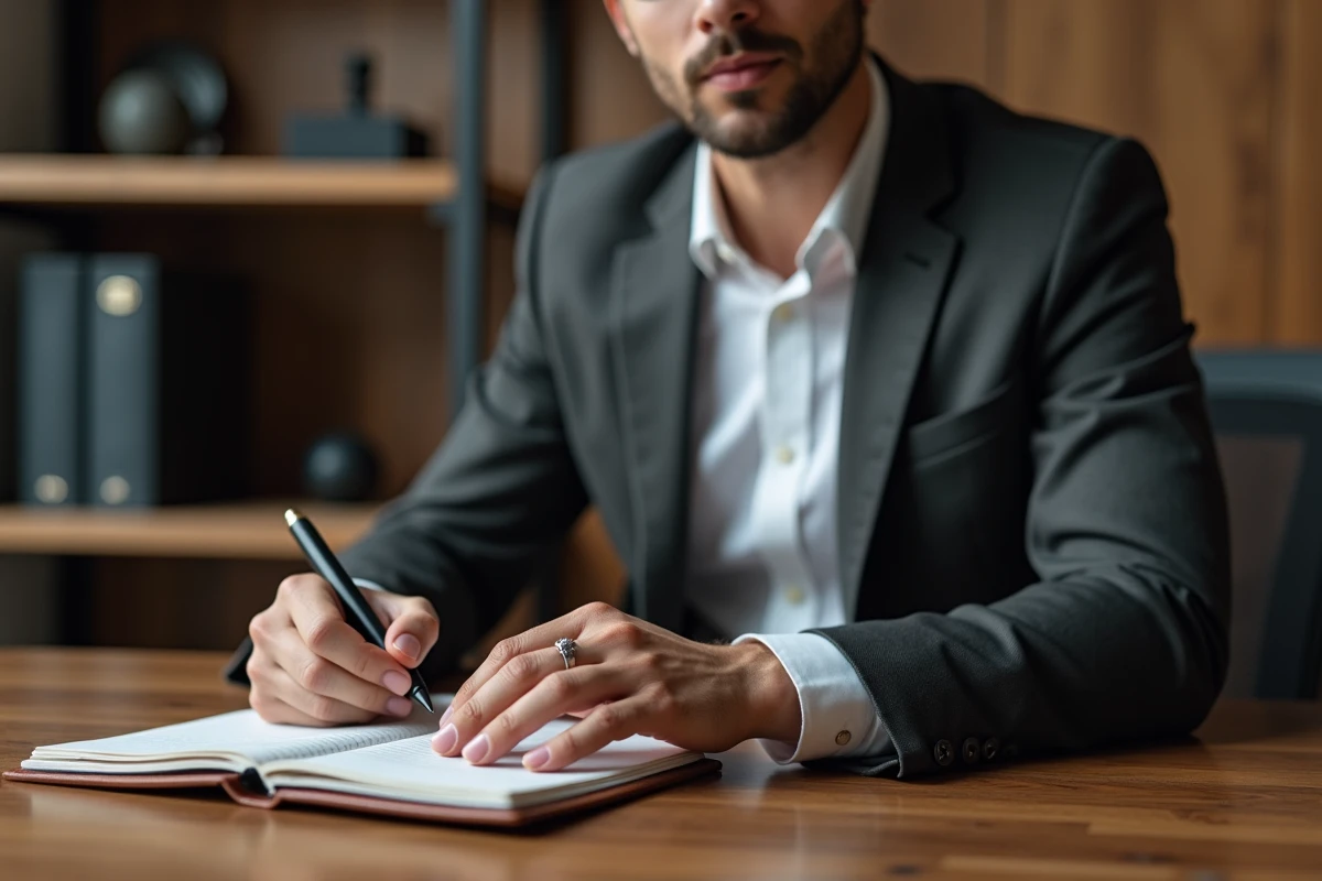 Homme moderne portant une chevalière argent au petit doigt dans un bureau contemporain minimaliste