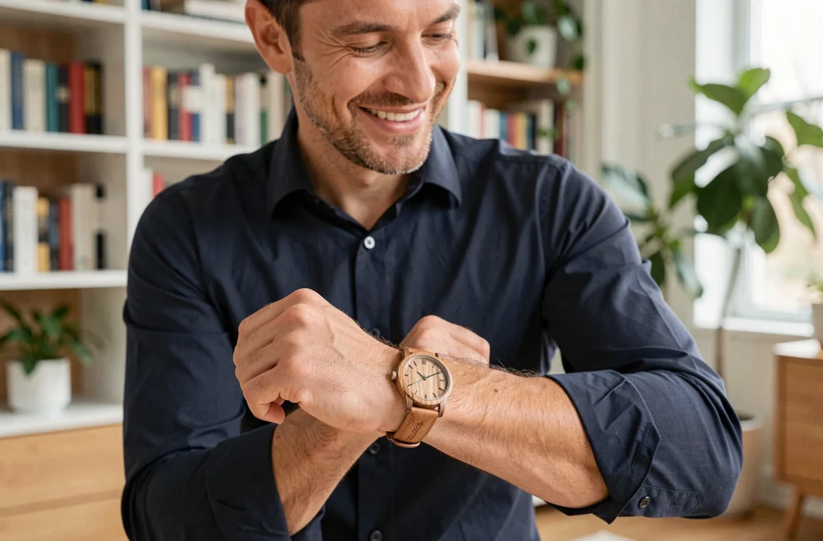 Homme portant une montre en bois gravée personnalisée dans un salon moderne, expression sincère et émue