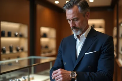 Homme en costume élégant examinant une montre de luxe Richemont dans une boutique haut de gamme au décor raffiné