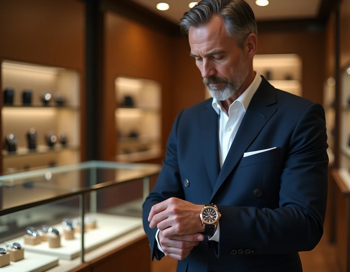 Homme en costume élégant examinant une montre de luxe Richemont dans une boutique haut de gamme au décor raffiné