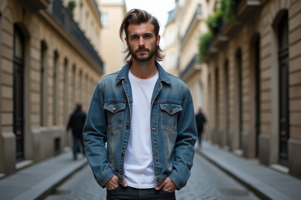 Homme en denim et T-shirt blanc sur une rue parisienne