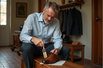 Homme d'âge moyen nettoyant ses chaussures en cuir dans l'entrée