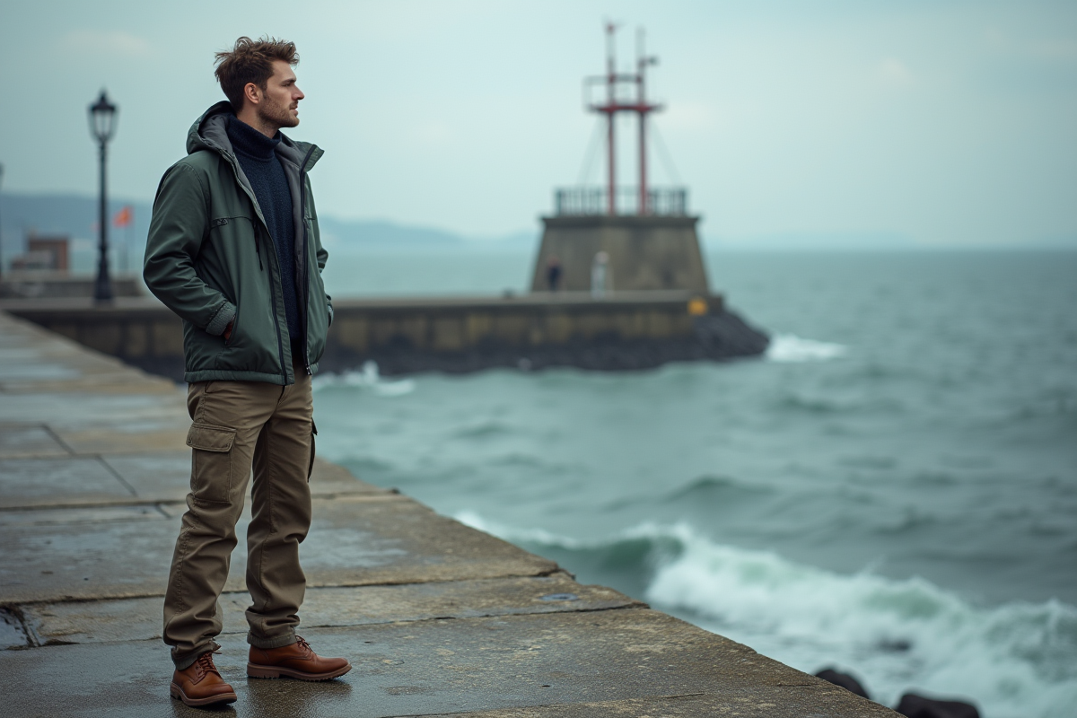 Jeune homme en veste sur un quai face à la mer agitée