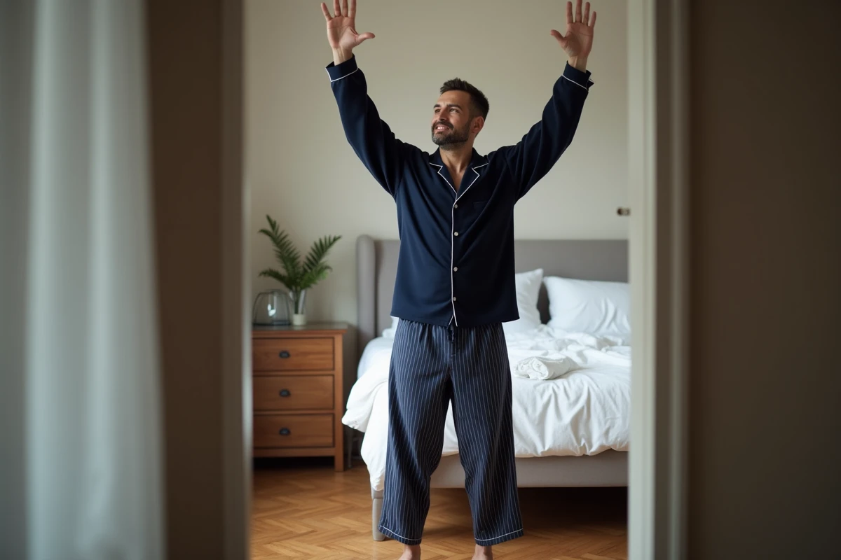Homme en pyjama pilou bleu marine à rayures s'étirant dans l'encadrement d'une porte de chambre, ambiance matinale hivernale