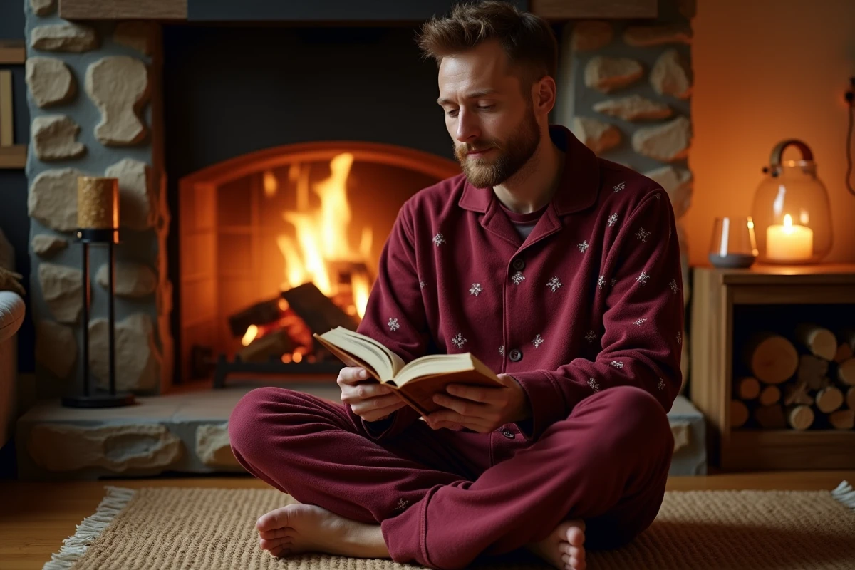 Homme en pyjama pilou bordeaux assis devant une cheminée en lisant un livre, ambiance hiver douillette et détendue