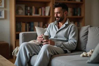 Homme en pyjama pilou doux en polaire grise chiné assis sur un canapé avec une tasse de thé, ambiance cosy hiver