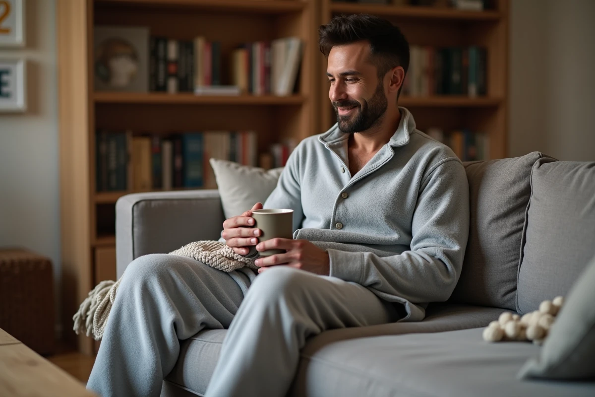 Homme en pyjama pilou doux en polaire grise chiné assis sur un canapé avec une tasse de thé, ambiance cosy hiver