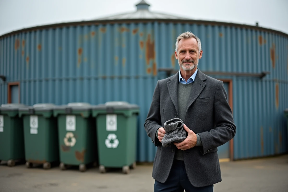 Homme tenant un vêtement devant un centre de recyclage textile illustrant l'économie circulaire dans la mode