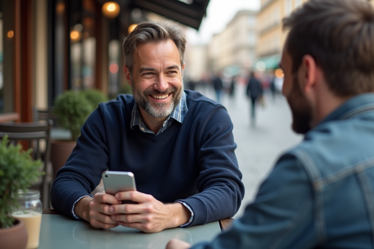 Homme souriant montrant des photos de coiffures sur son smartphone au café