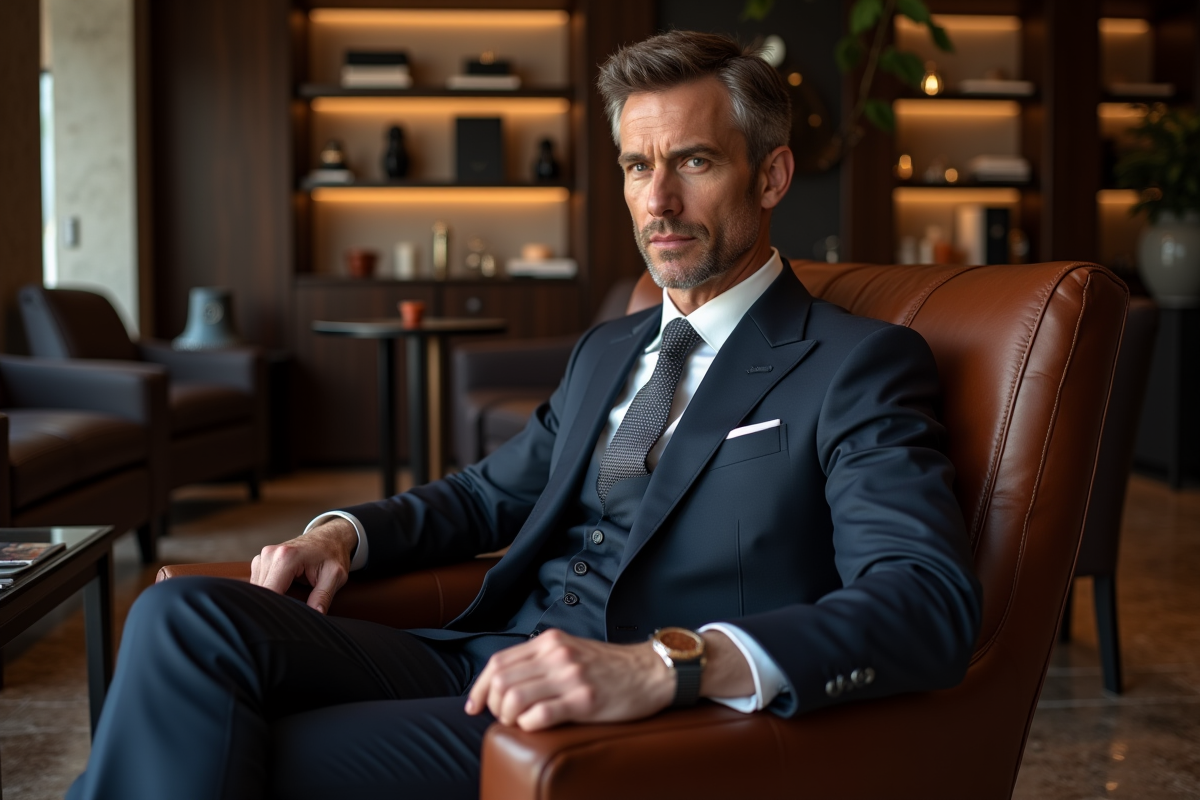 Homme en costume dans un lounge de boutique haut de gamme