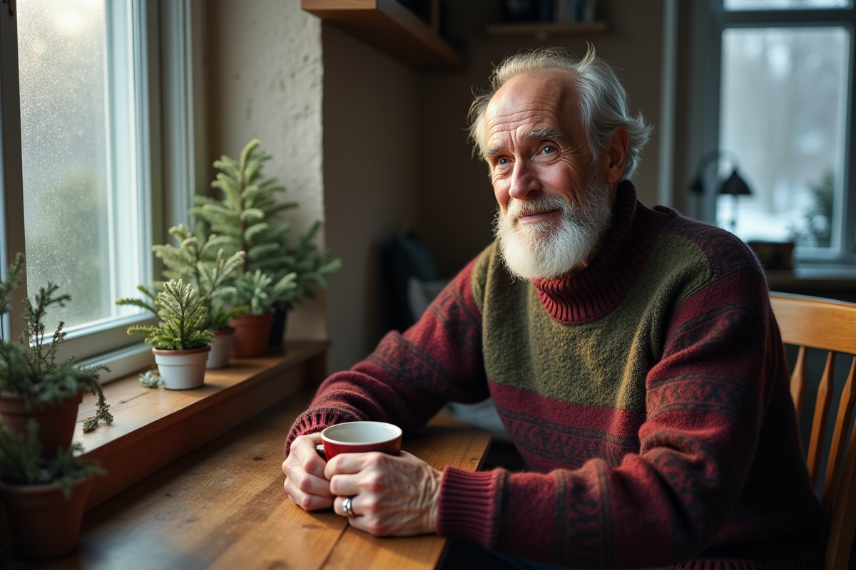 Homme age assis avec mug dans une ambiance chaleureuse
