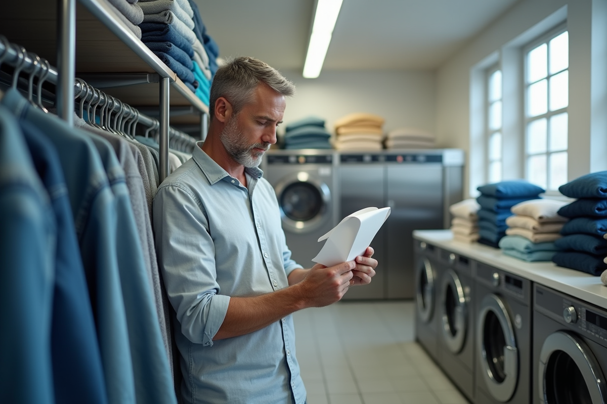 Homme examinant des étiquettes de vêtements en intérieur