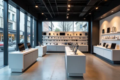 Intérieur du magasin EDS Store à Nantes avec rayons de smartphones et accessoires bien organisés