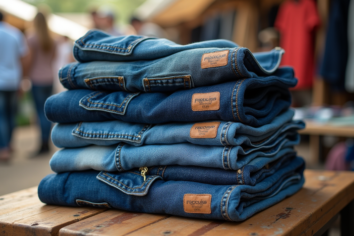 Pile de jeans vintage et hauts décontractés avec étiquettes durables en plein air