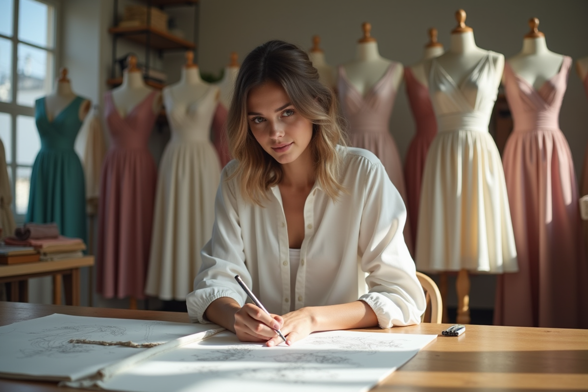 Jeune couturiere dessinant dans son studio lumineux