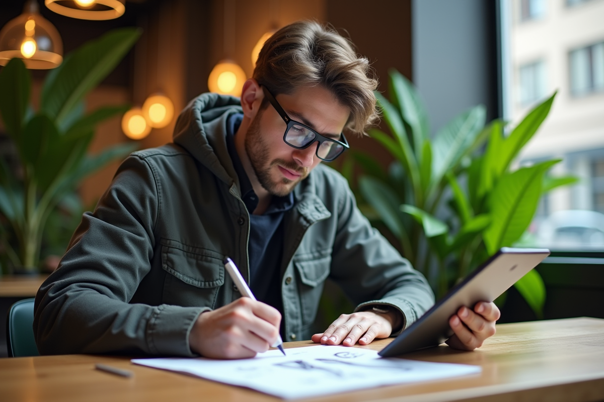 Jeune designer dessinant dans un café urbain lumineux