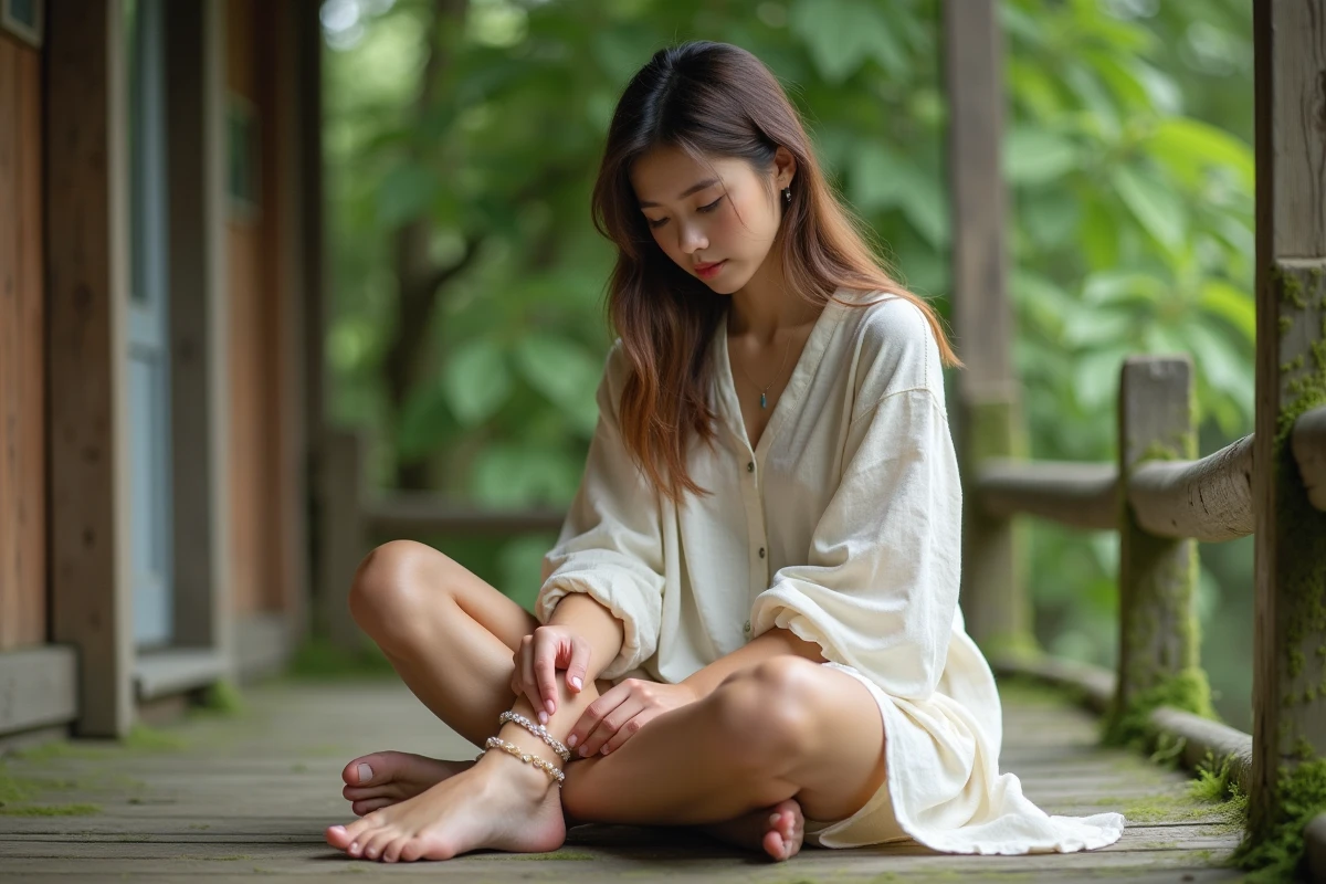 Jeune femme en robe ajustant une anklet délicate sur la plage