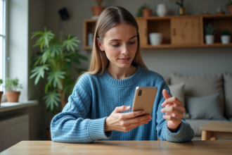 Jeune femme regardant un anneau virtuel sur son smartphone