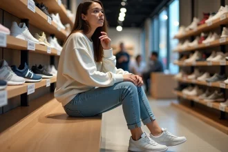 Jeune femme essayant des chaussures de sport dans un magasin moderne