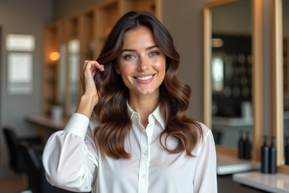 Jeune femme aux cheveux waves dans un salon moderne