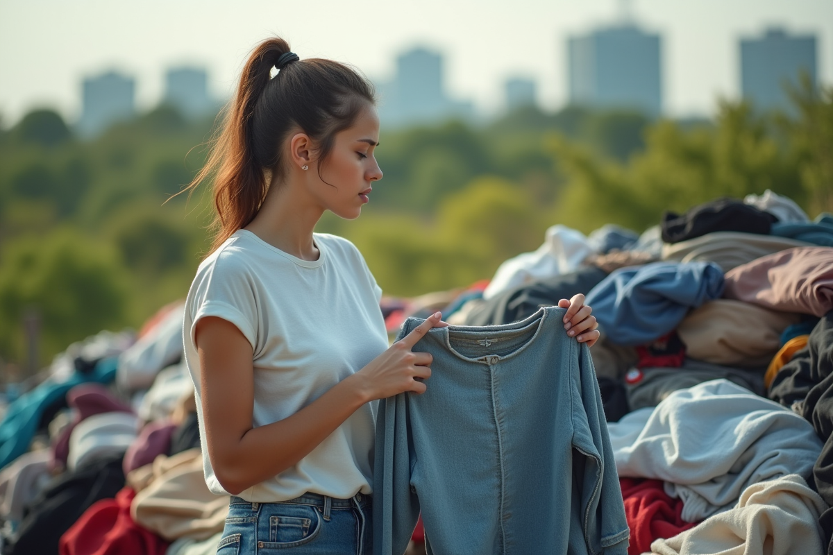 Jeune femme regardant des vêtements usés en plein air