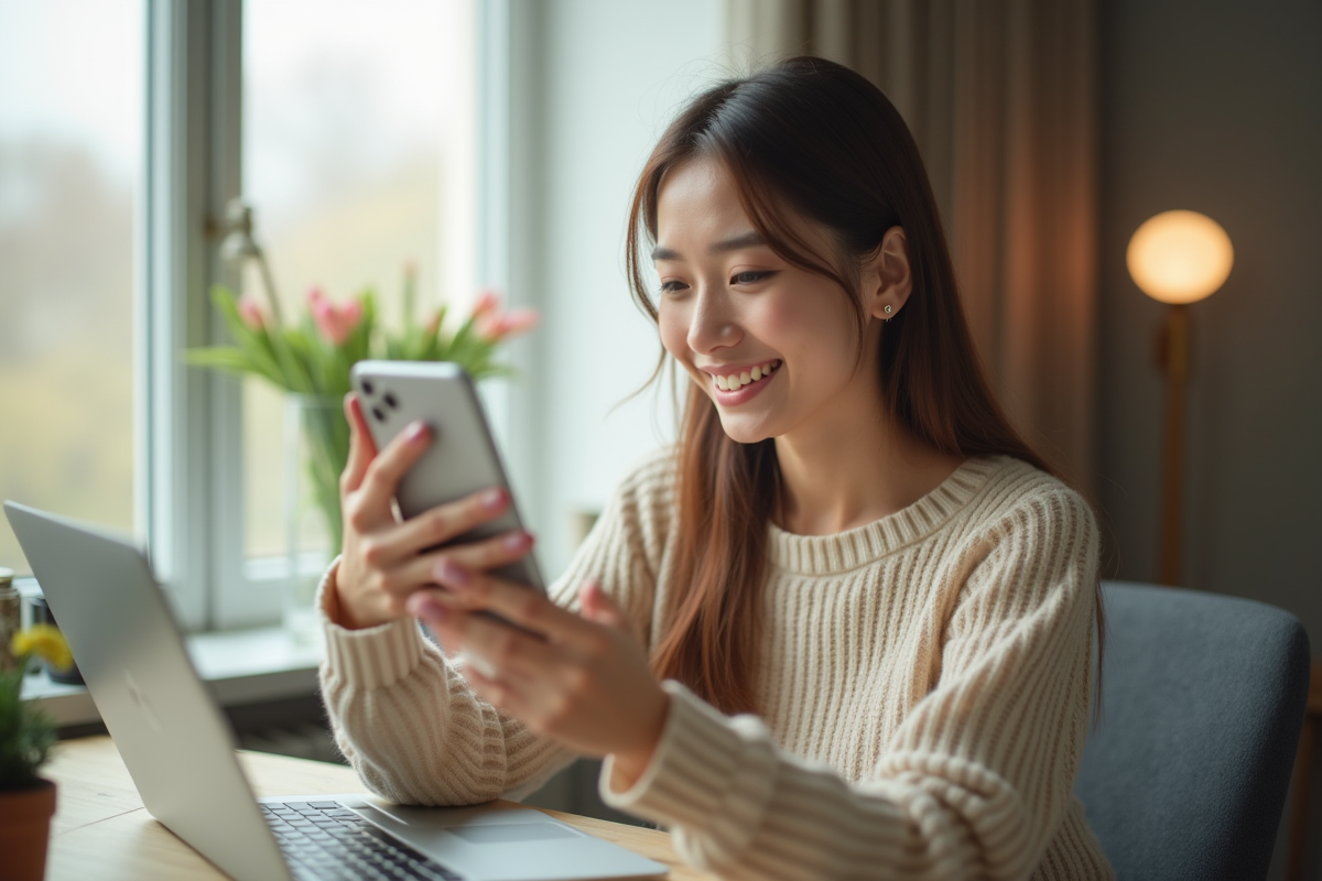 Jeune femme enregistrant une vidéo avec un smartphone et un produit de beauté