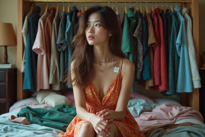 Jeune femme en fast fashion dans une chambre encombrée