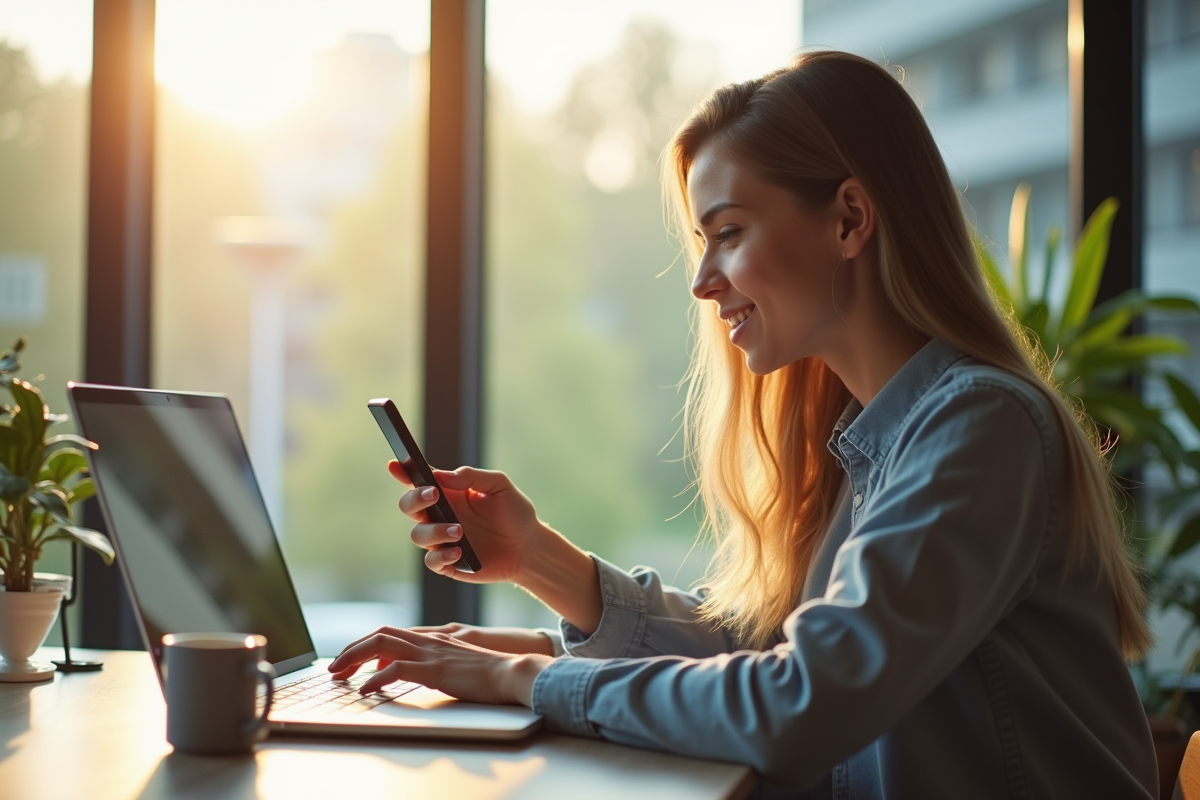 Jeune femme en livestream dans un bureau lumineux