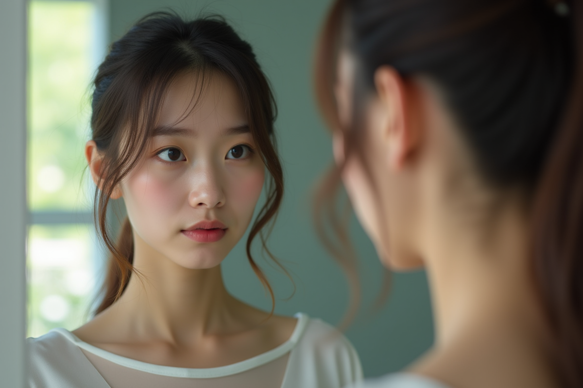 Jeune femme regardant dans un miroir lumière naturelle
