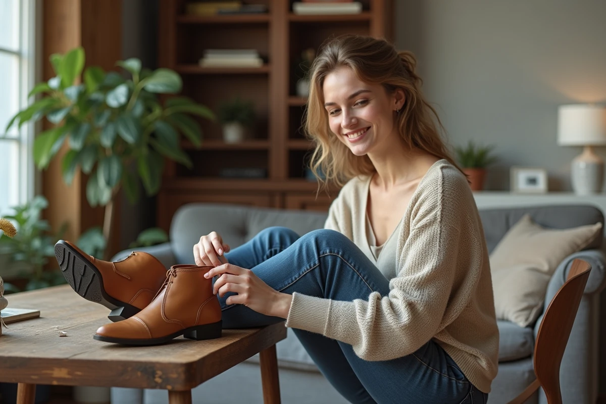 Jeune femme appliquant du cirage &agrave; ses bottines dans le salon