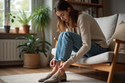 Jeune femme retirant ses chaussures dans un salon cosy