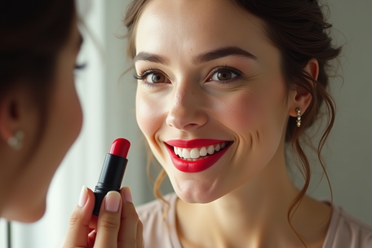 Femme souriante appliquant rouge à lèvres rouge vif en miroir