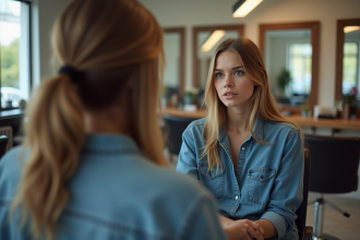 Jeune femme regardant son reflet avec inquiétude dans un salon de coiffure