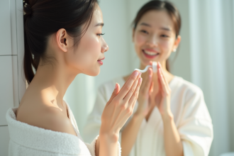 Jeune femme asiatique appliquant une creme visage dans une salle lumineuse
