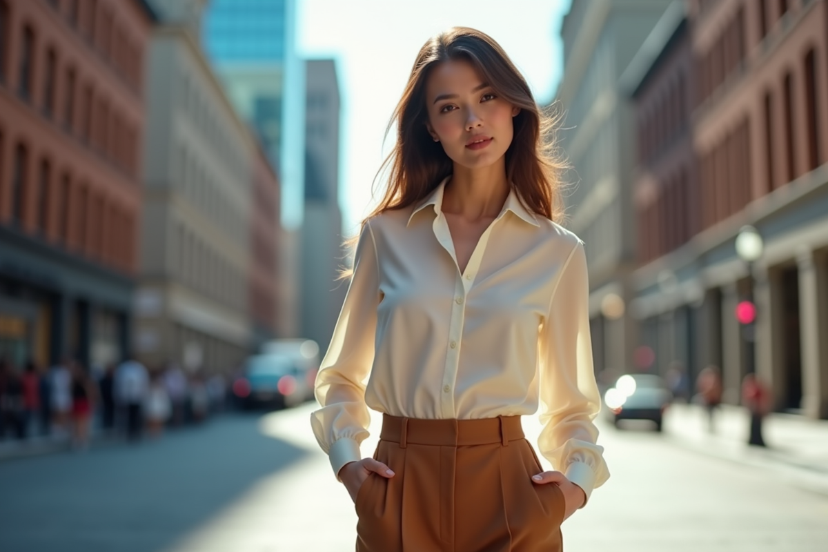 Jeune femme confiante en blouse et pantalons en ville