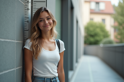 Jeune femme dans la ville avec un mètre de taille