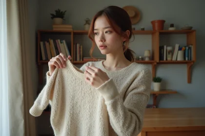 Jeune femme examine un pull us&eacute; dans son appartement