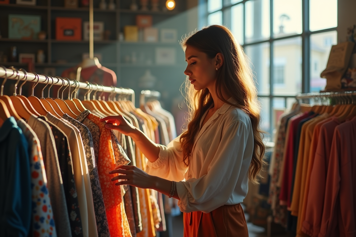 Jeune femme stylée parcourant des vêtements vintage dans une boutique tendance
