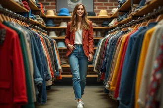 Jeune femme en mode vintage dans une friperie urbaine