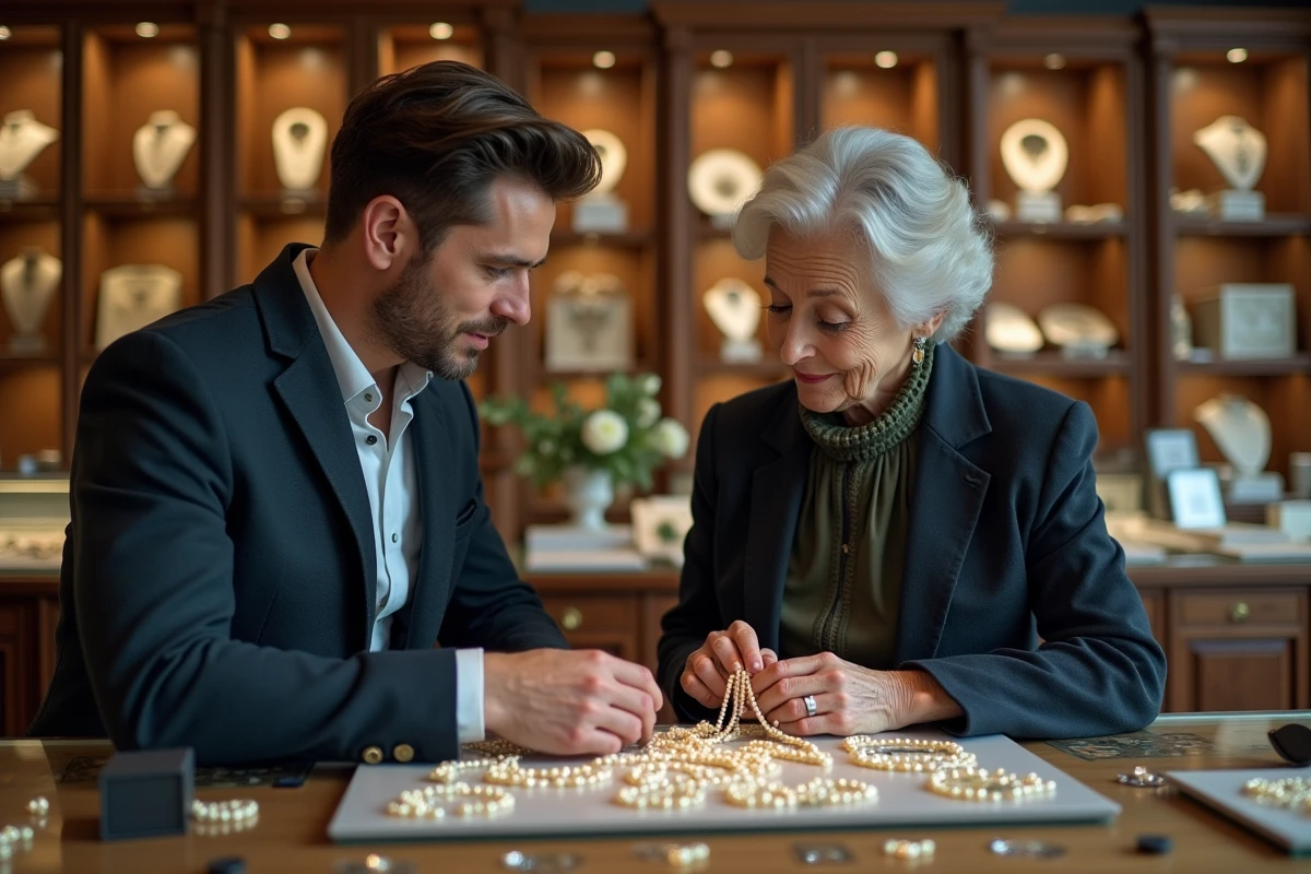 Jeune homme consulte une bijouti&egrave;re dans une boutique vintage