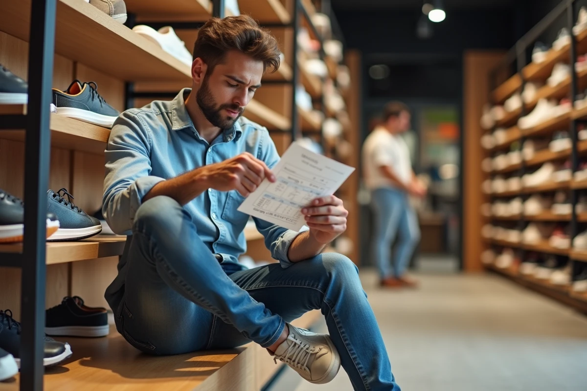 Jeune homme essayant des sneakers dans un magasin de chaussures
