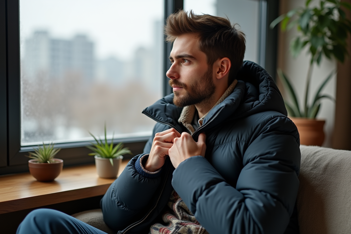 Jeune homme en intérieur près de la fenêtre avec veste chaude